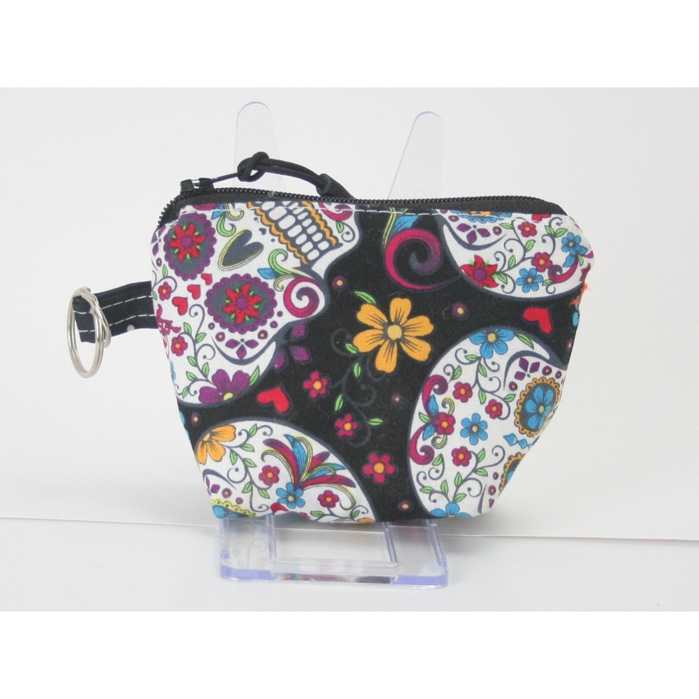 Sugar Skull Coin Purse Key Ring Pouch Dia de los Muertos Floral Black